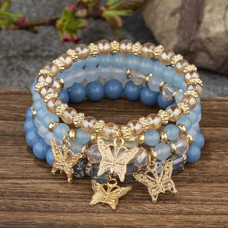 4Pcs Bohemian Butterfly Charm Bracelet Set For Women Crystal Beads Chain Bangle Female Fashion Party Jewelry Gift