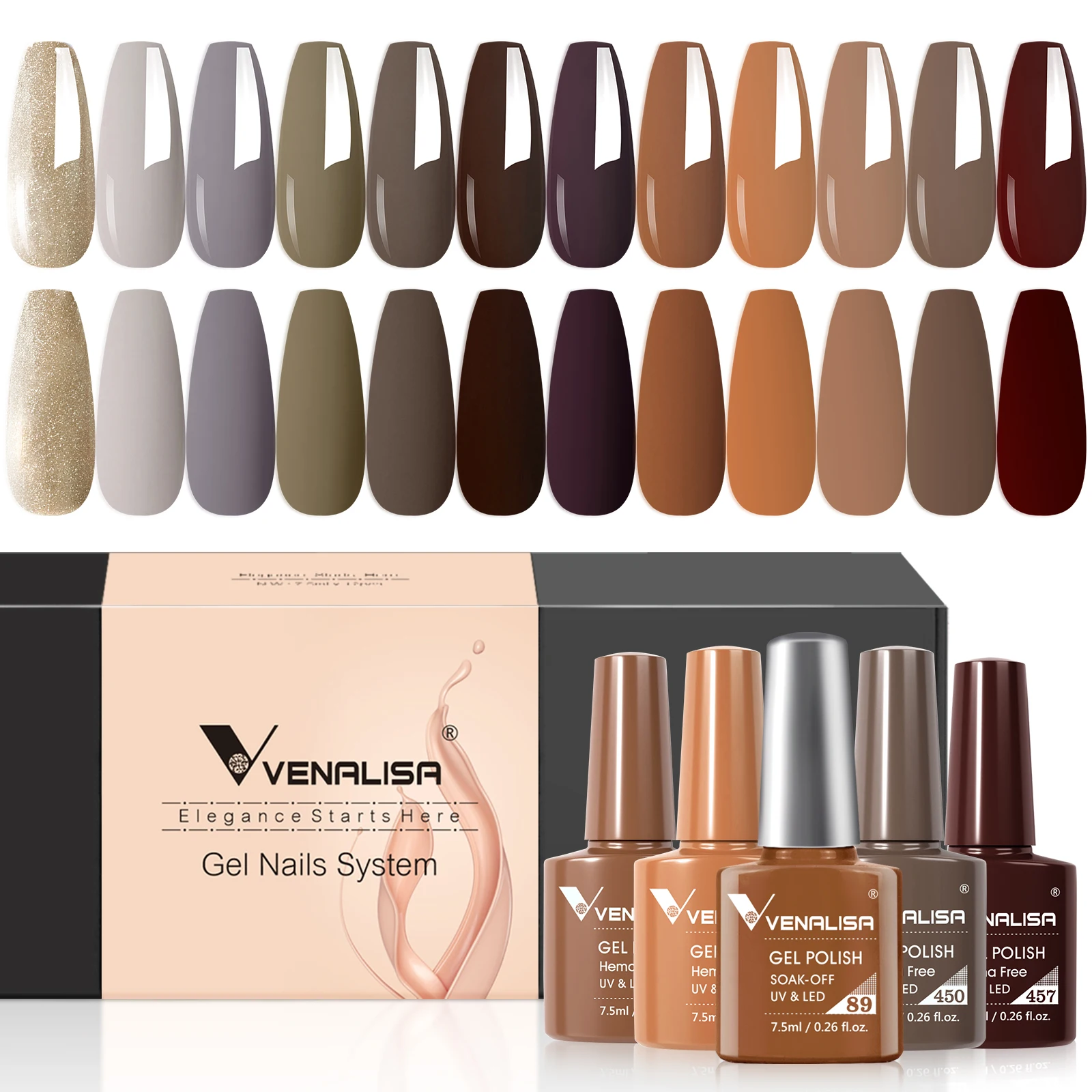 12pcs/kit Venalisa Gel Nail Polish Brown Earth Coffee Color Series Young Nude Light Reflective Gel Pigment Nail Art Manicure