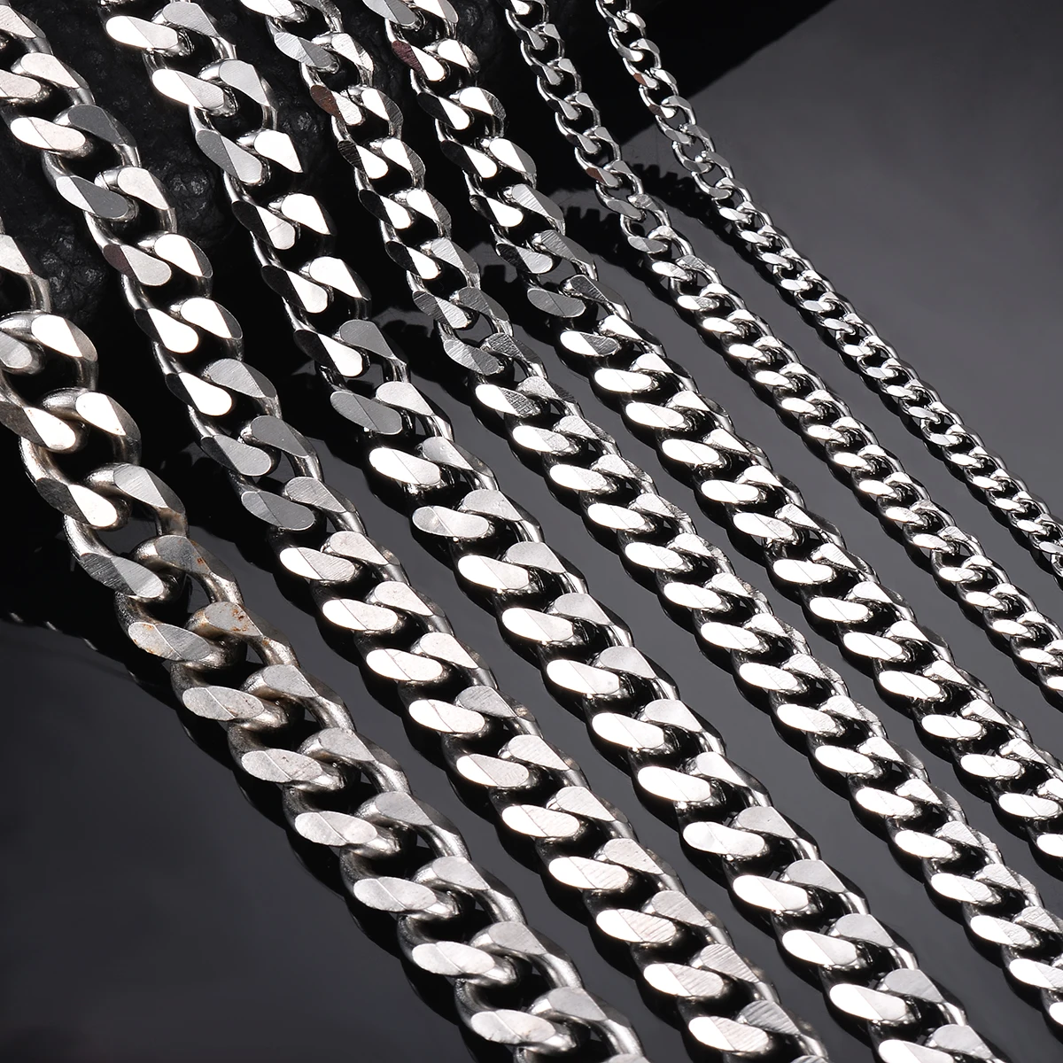 1 Piece Size 3.6mm-9mm Men's Necklace Stainless Steel Cuban Link Chain Bracelet Necklace Steel Color Male Jewelry