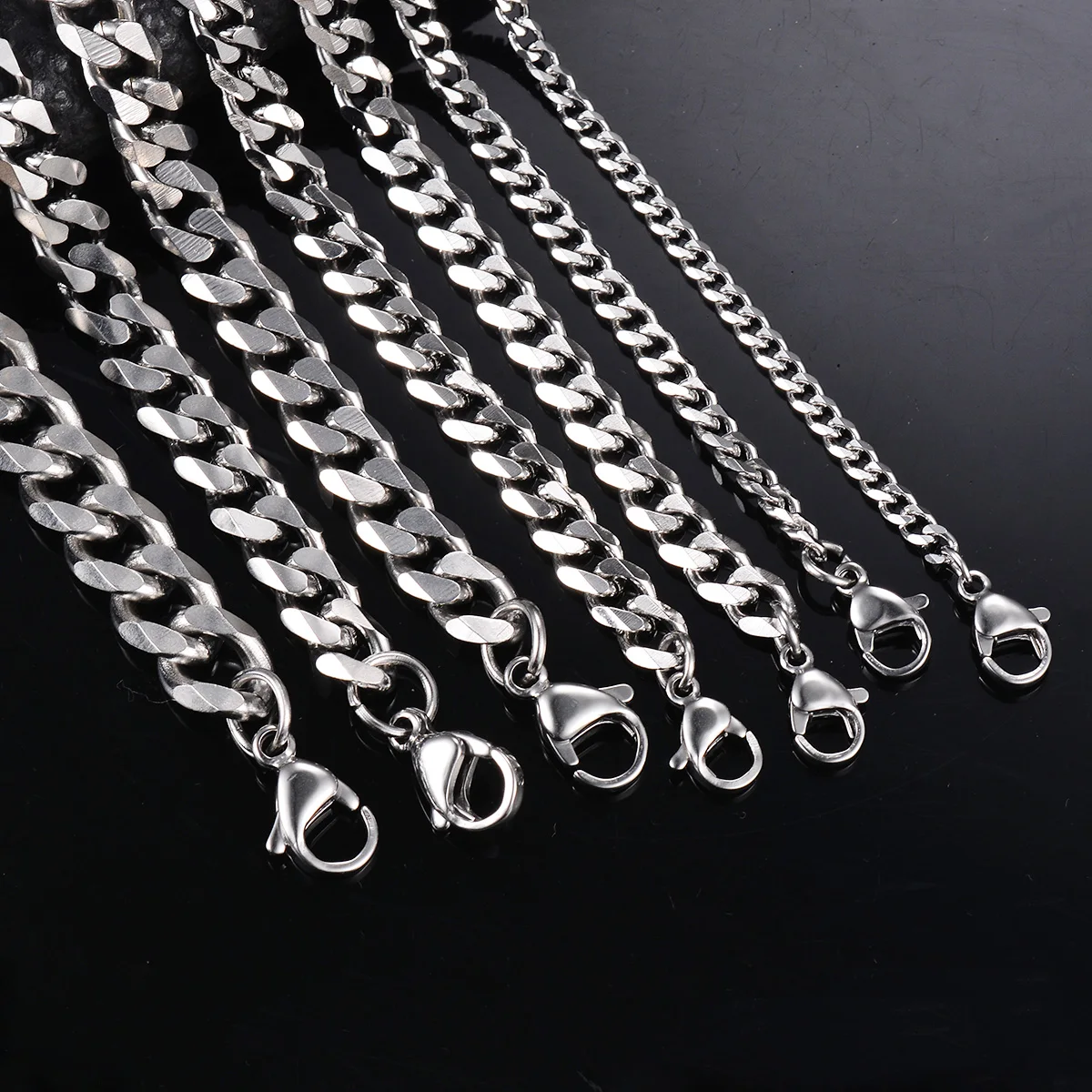 1 Piece Size 3.6mm-9mm Men's Necklace Stainless Steel Cuban Link Chain Bracelet Necklace Steel Color Male Jewelry