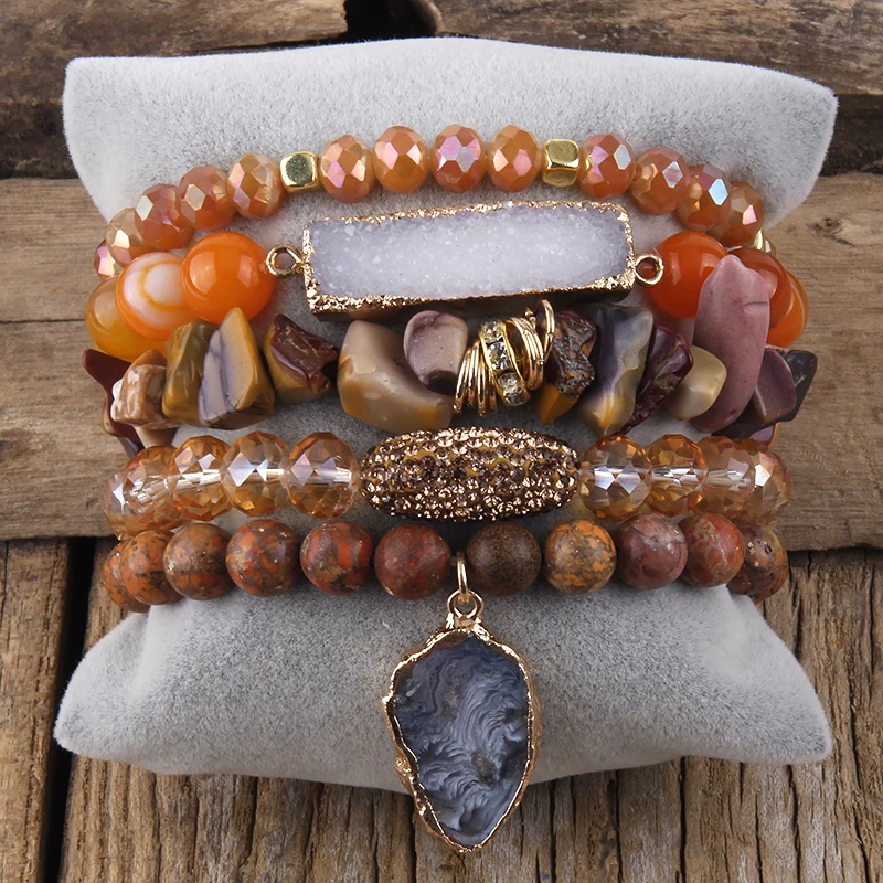 Fashion Designer Gemstone Crystal Glass Beaded Bracelet Sets Druzy Charm 5pc Stack Bracelet Bracelets Set For Women Jewelry Gift