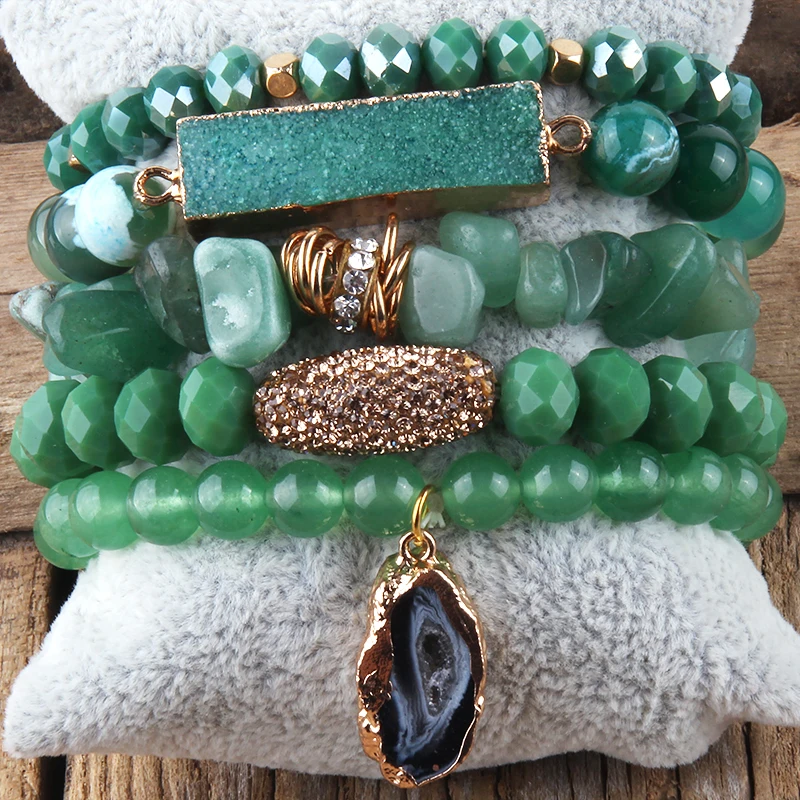 Fashion Designer Gemstone Crystal Glass Beaded Bracelet Sets Druzy Charm 5pc Stack Bracelet Bracelets Set For Women Jewelry Gift