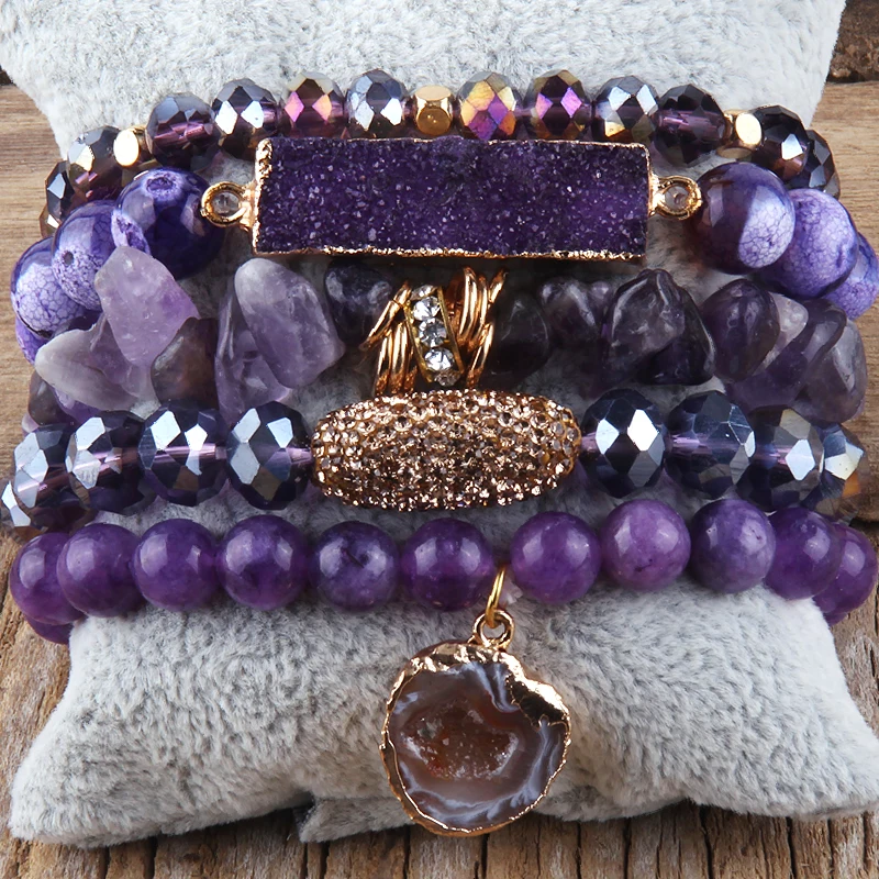 Fashion Designer Gemstone Crystal Glass Beaded Bracelet Sets Druzy Charm 5pc Stack Bracelet Bracelets Set For Women Jewelry Gift