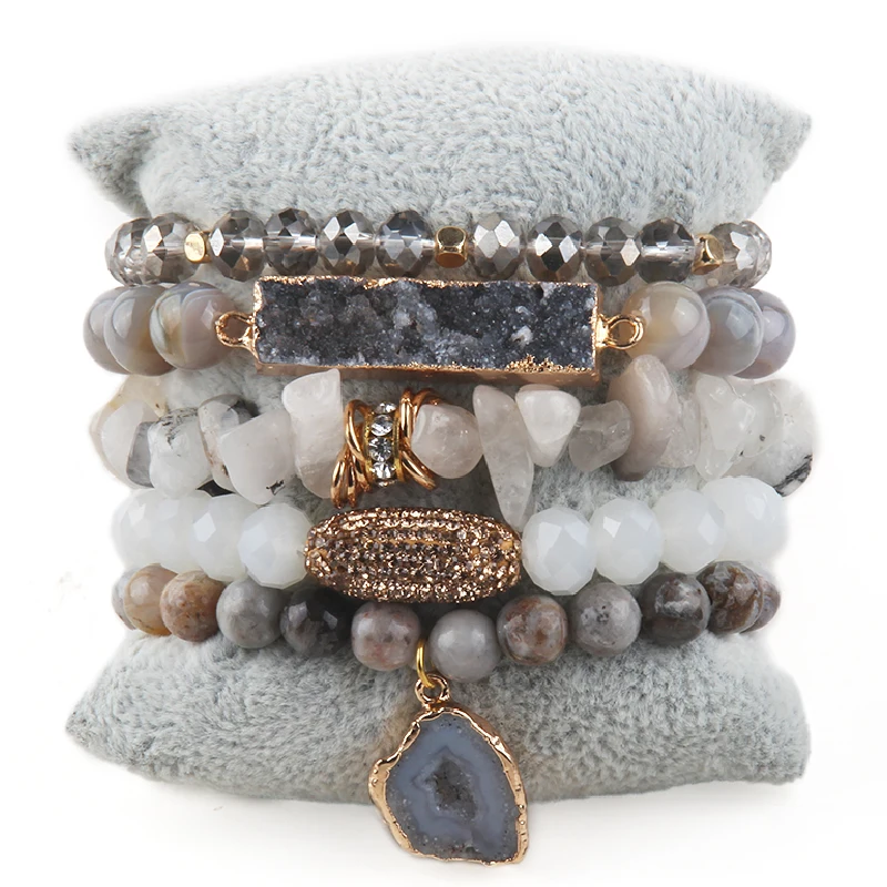 Fashion Designer Gemstone Crystal Glass Beaded Bracelet Sets Druzy Charm 5pc Stack Bracelet Bracelets Set For Women Jewelry Gift