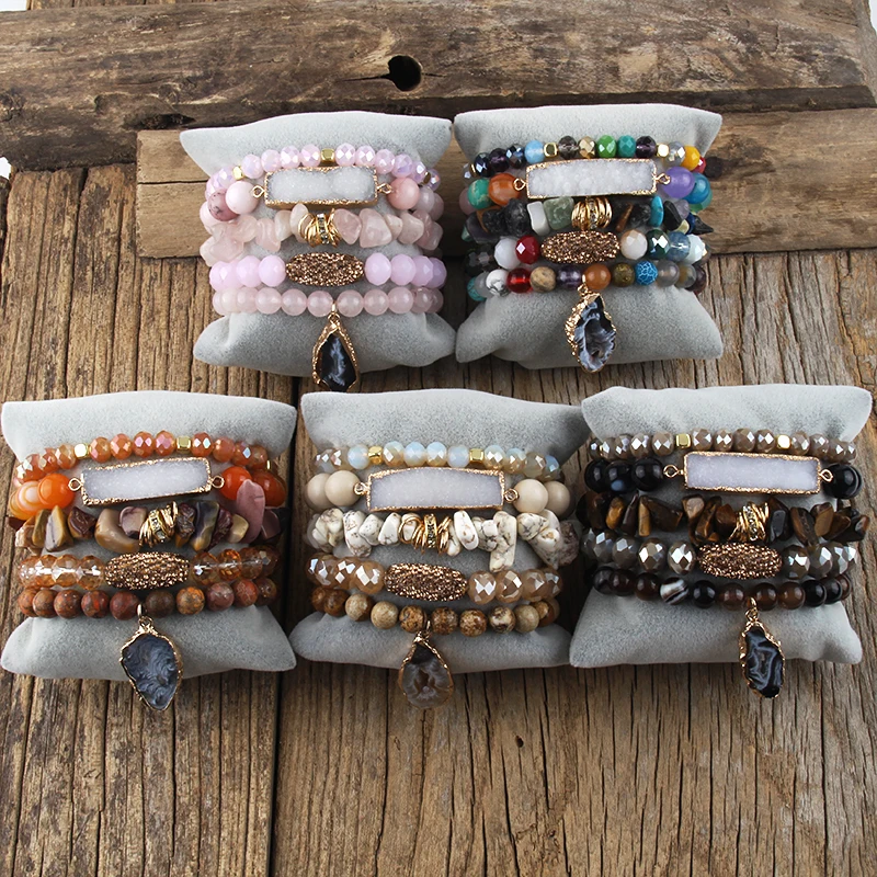 Fashion Designer Gemstone Crystal Glass Beaded Bracelet Sets Druzy Charm 5pc Stack Bracelet Bracelets Set For Women Jewelry Gift