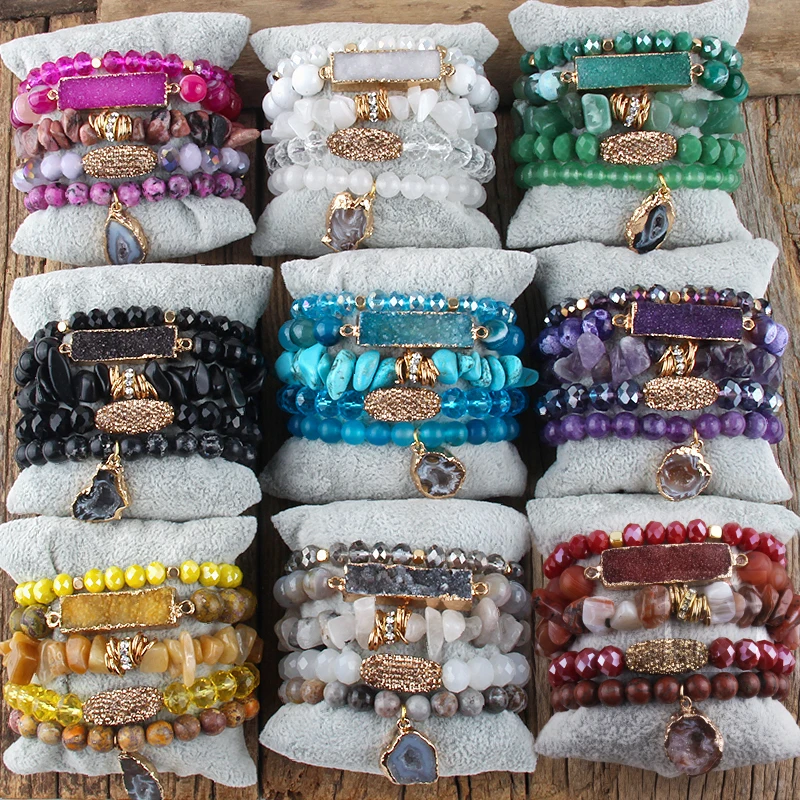 Fashion Designer Gemstone Crystal Glass Beaded Bracelet Sets Druzy Charm 5pc Stack Bracelet Bracelets Set For Women Jewelry Gift
