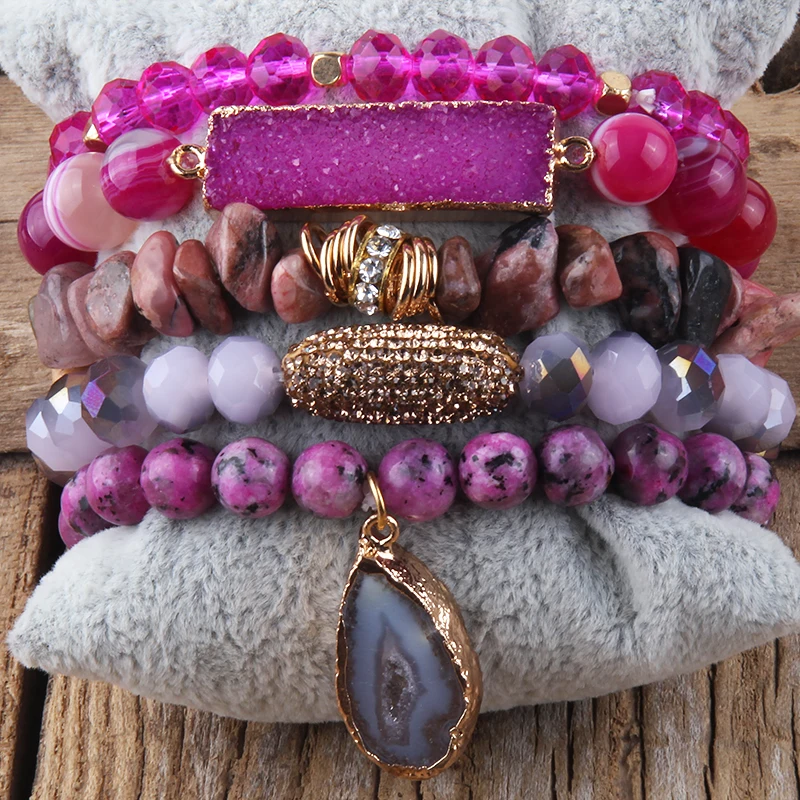 Fashion Designer Gemstone Crystal Glass Beaded Bracelet Sets Druzy Charm 5pc Stack Bracelet Bracelets Set For Women Jewelry Gift