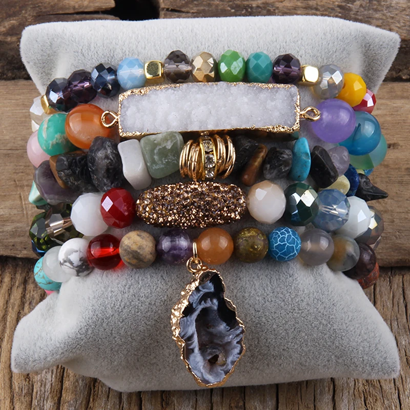 Fashion Designer Gemstone Crystal Glass Beaded Bracelet Sets Druzy Charm 5pc Stack Bracelet Bracelets Set For Women Jewelry Gift