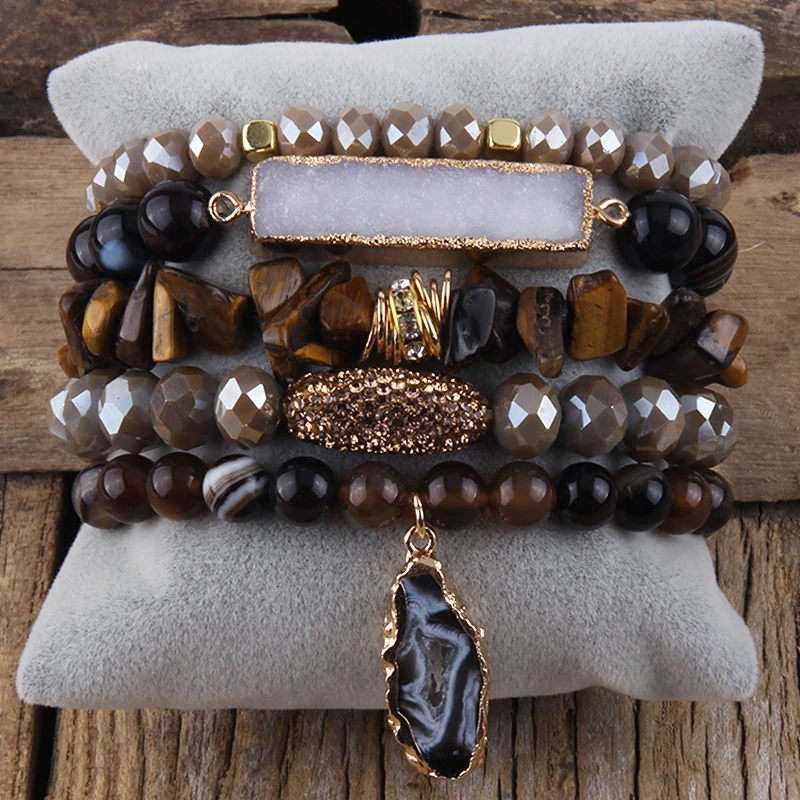 Fashion Designer Gemstone Crystal Glass Beaded Bracelet Sets Druzy Charm 5pc Stack Bracelet Bracelets Set For Women Jewelry Gift