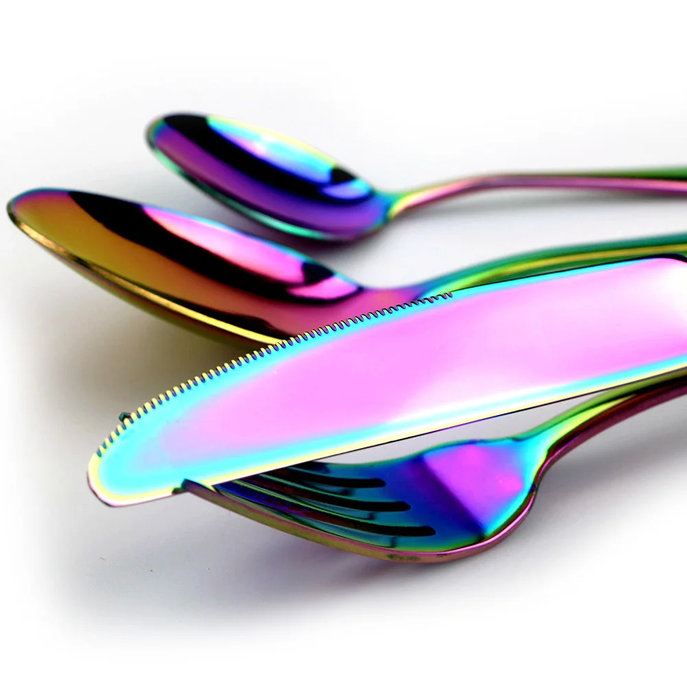 JANKNG Stainless Steel Dinnerware Set Rainbow Colorful Cutlery Dishwasher Safe Dinner Western Tableware Kitchen Accessories