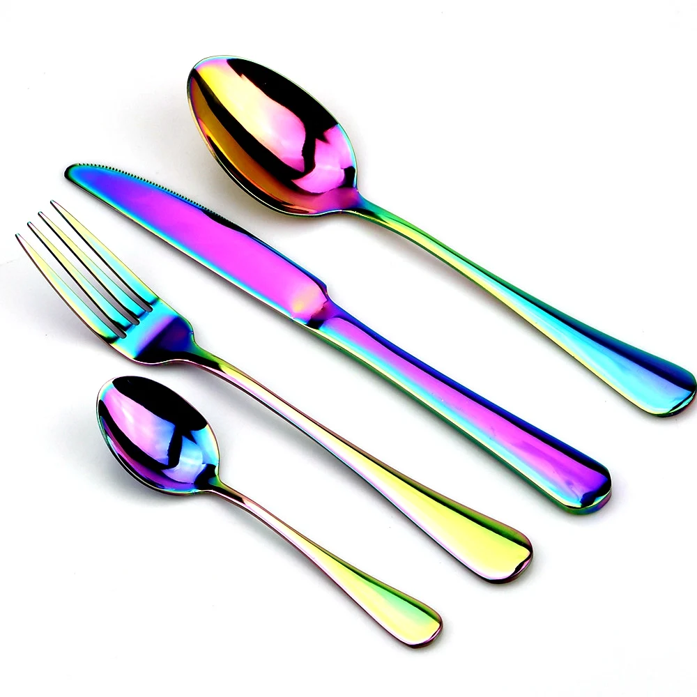 JANKNG Stainless Steel Dinnerware Set Rainbow Colorful Cutlery Dishwasher Safe Dinner Western Tableware Kitchen Accessories