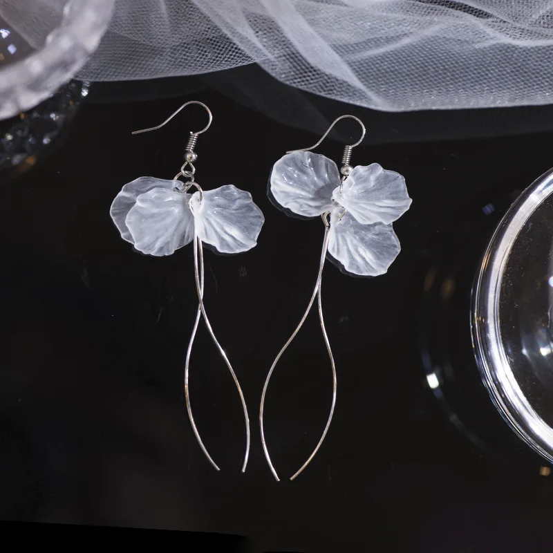 Translucent Immortal Petals Dangle Earrings for Women Fairy White Flower Hook Earrings Korean Fashion Long Tassel Earrings