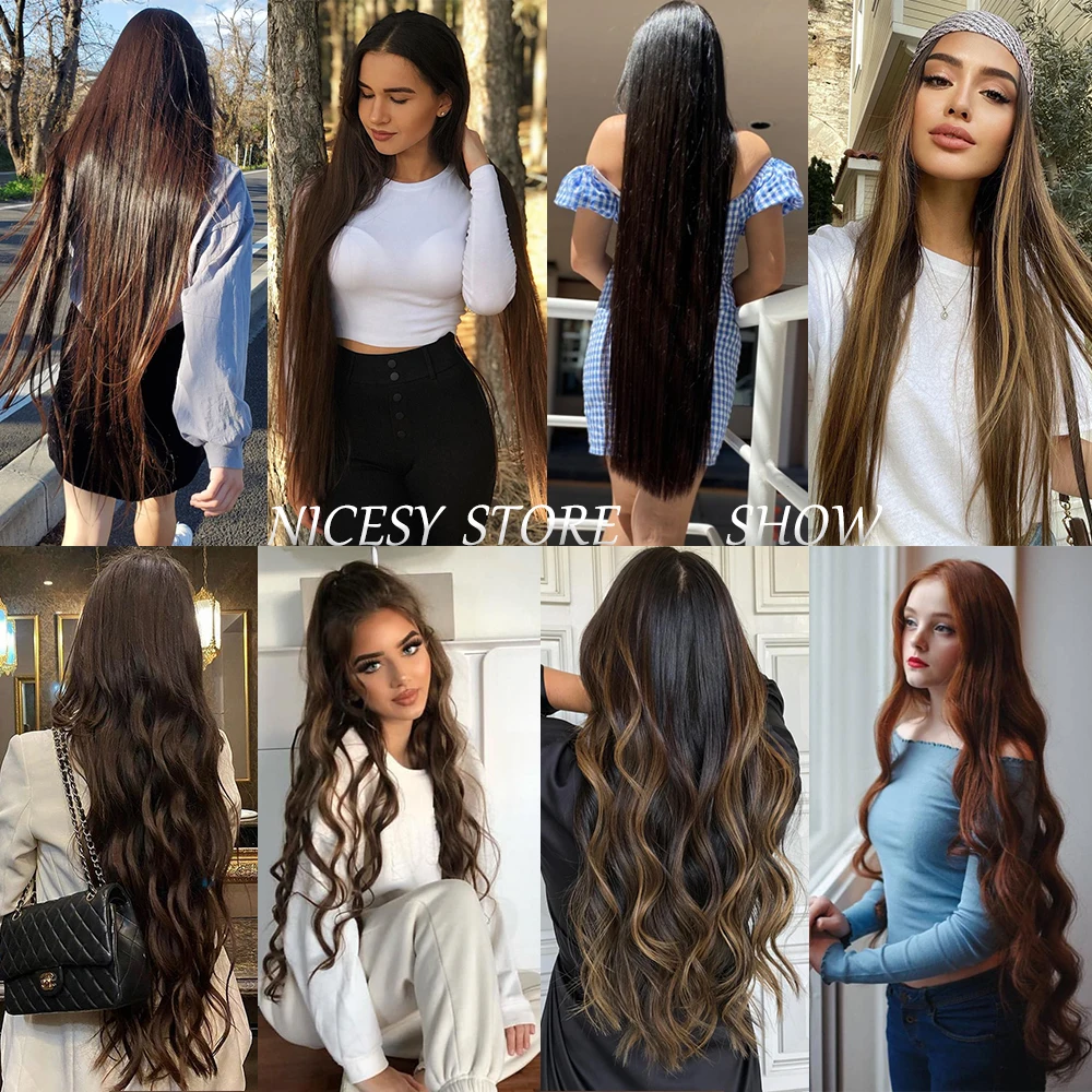 Synthetic Natural Wavy No Clip Fish Line Invisible Hair Extensions Mixed Color Blonde Black Artificial False Hair Piece ForWomen