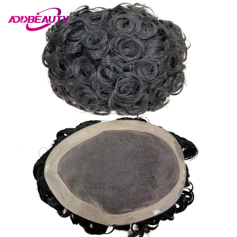 Male Hair Prosthesis Men Wig Mono NPU Toupee Human Hair System Wave Curly Indian Human Hair Replacement Natural Color With Grey