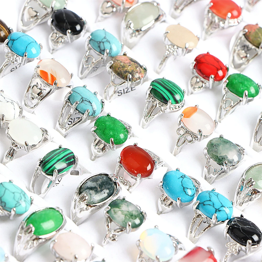 10Pcs/Lot Fashion Bohemian Natural Stone Rings Jewelry Men's Women's Rings Daily Party Jewelry Randomly Shipped