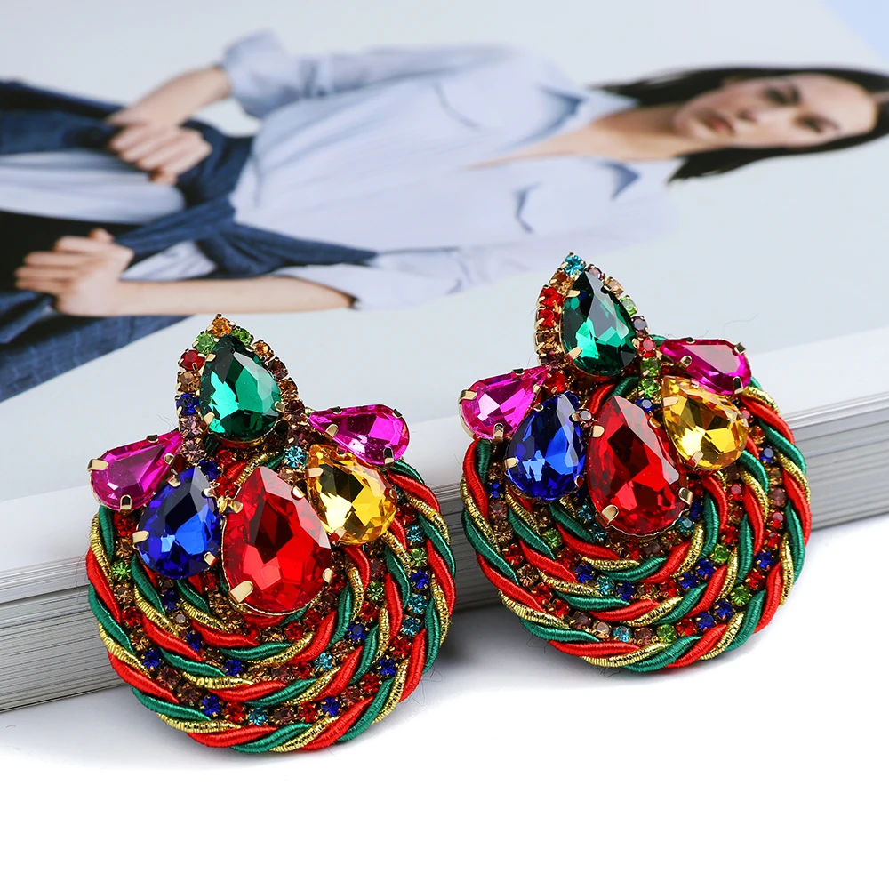 Fashion Ethnic Style Cotton Cord Weave Round Ear Accessories Vintage Sparkly Crystal Dangle Earrings For Women Luxury Jewelry