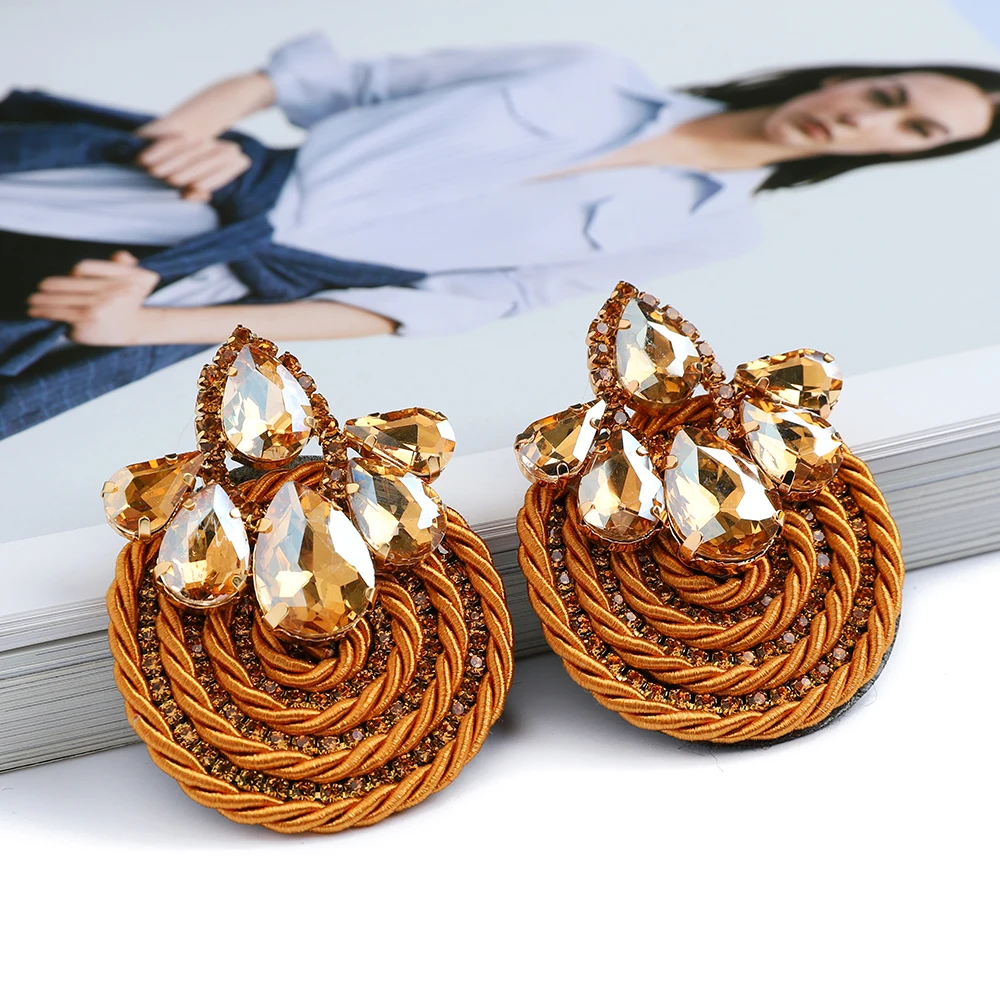 Fashion Ethnic Style Cotton Cord Weave Round Ear Accessories Vintage Sparkly Crystal Dangle Earrings For Women Luxury Jewelry