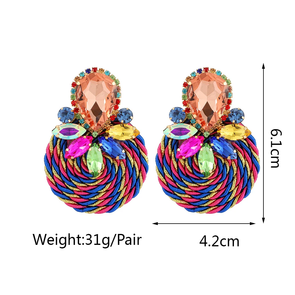 Fashion Ethnic Style Cotton Cord Weave Round Ear Accessories Vintage Sparkly Crystal Dangle Earrings For Women Luxury Jewelry