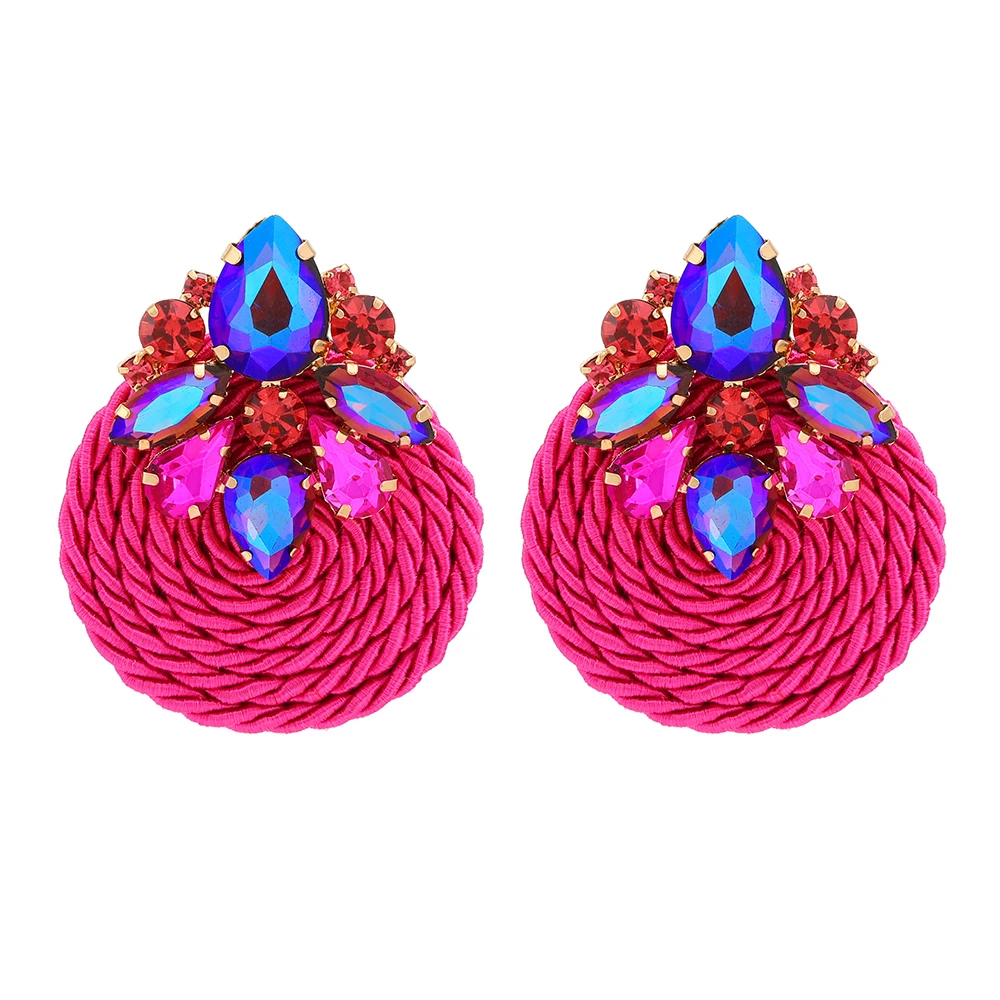 Fashion Ethnic Style Cotton Cord Weave Round Ear Accessories Vintage Sparkly Crystal Dangle Earrings For Women Luxury Jewelry