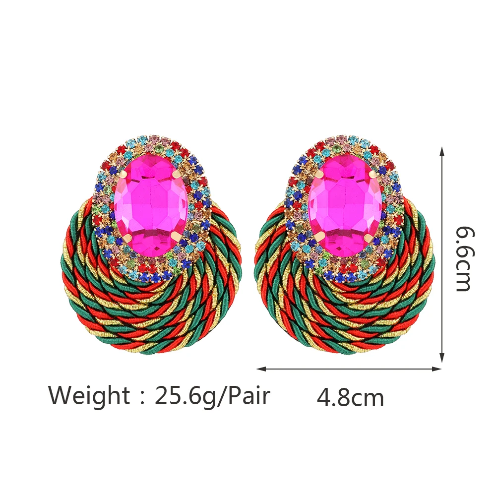 Fashion Ethnic Style Cotton Cord Weave Round Ear Accessories Vintage Sparkly Crystal Dangle Earrings For Women Luxury Jewelry