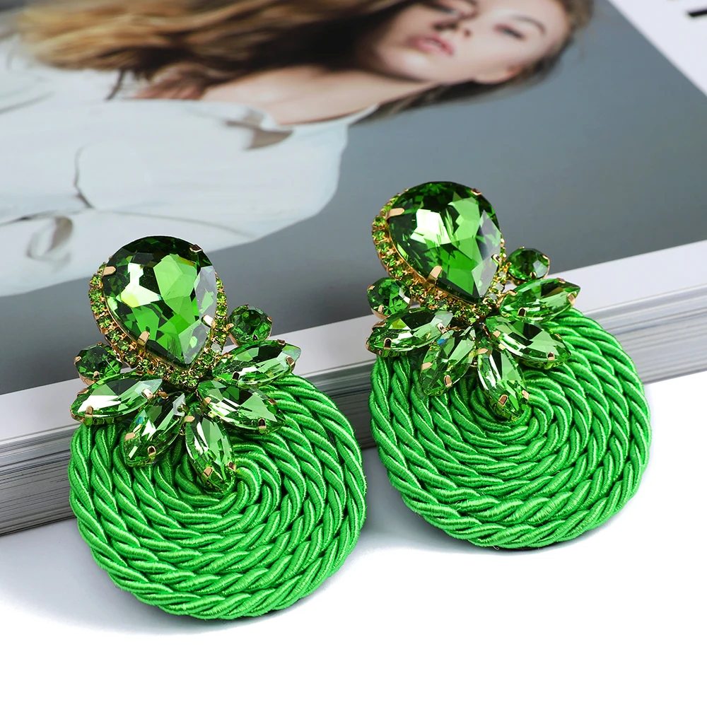 Fashion Ethnic Style Cotton Cord Weave Round Ear Accessories Vintage Sparkly Crystal Dangle Earrings For Women Luxury Jewelry