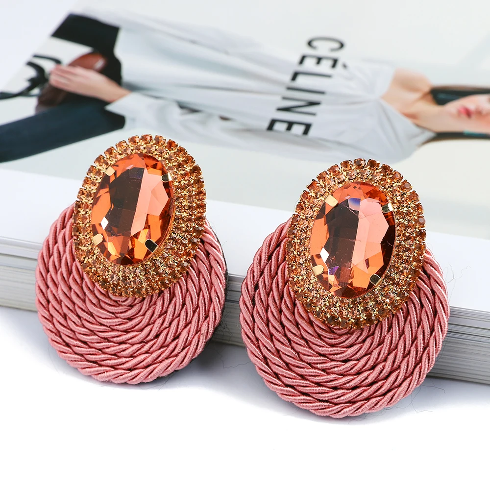 Fashion Ethnic Style Cotton Cord Weave Round Ear Accessories Vintage Sparkly Crystal Dangle Earrings For Women Luxury Jewelry