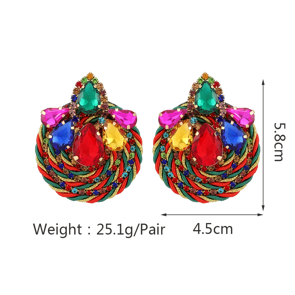 Fashion Ethnic Style Cotton Cord Weave Round Ear Accessories Vintage Sparkly Crystal Dangle Earrings For Women Luxury Jewelry