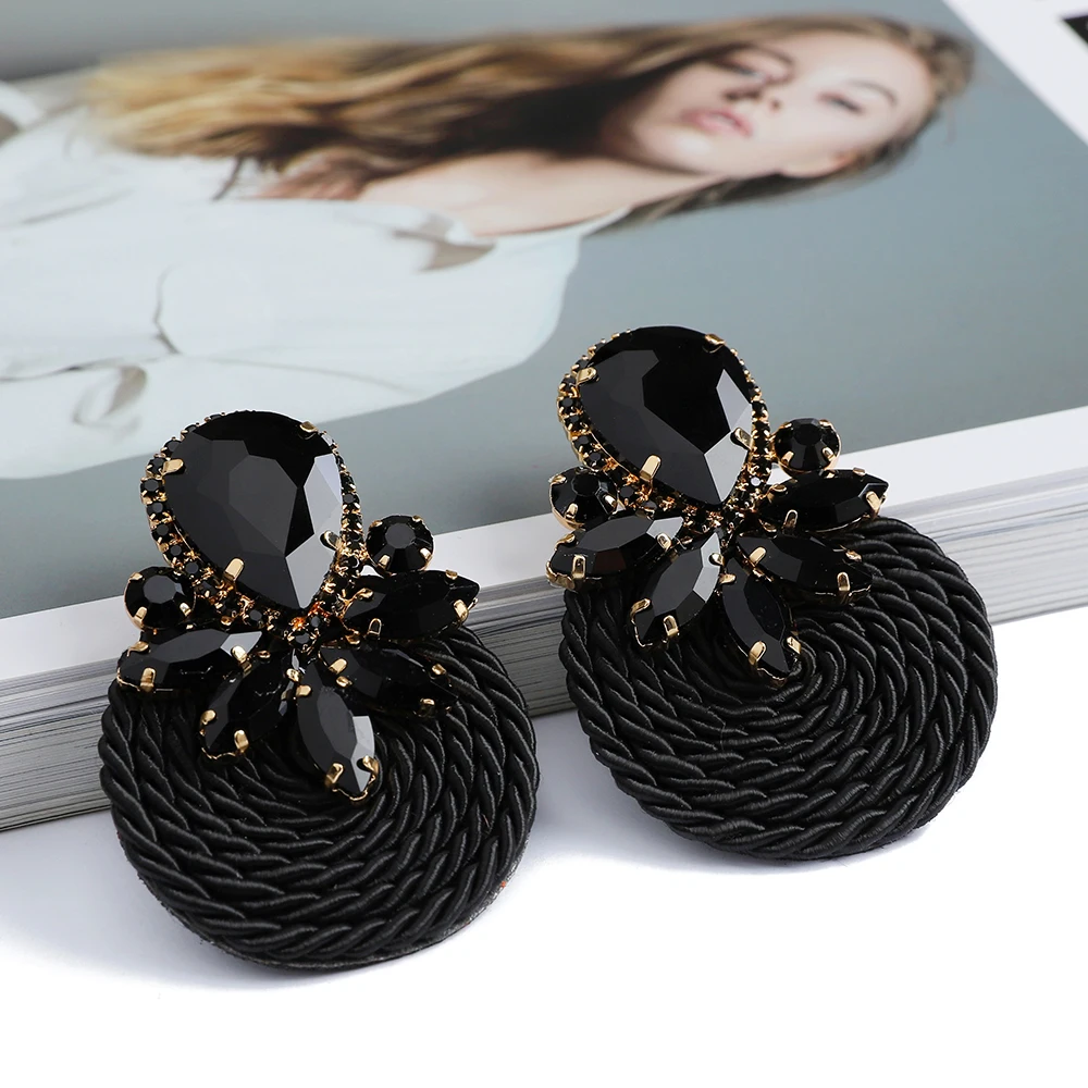 Fashion Ethnic Style Cotton Cord Weave Round Ear Accessories Vintage Sparkly Crystal Dangle Earrings For Women Luxury Jewelry