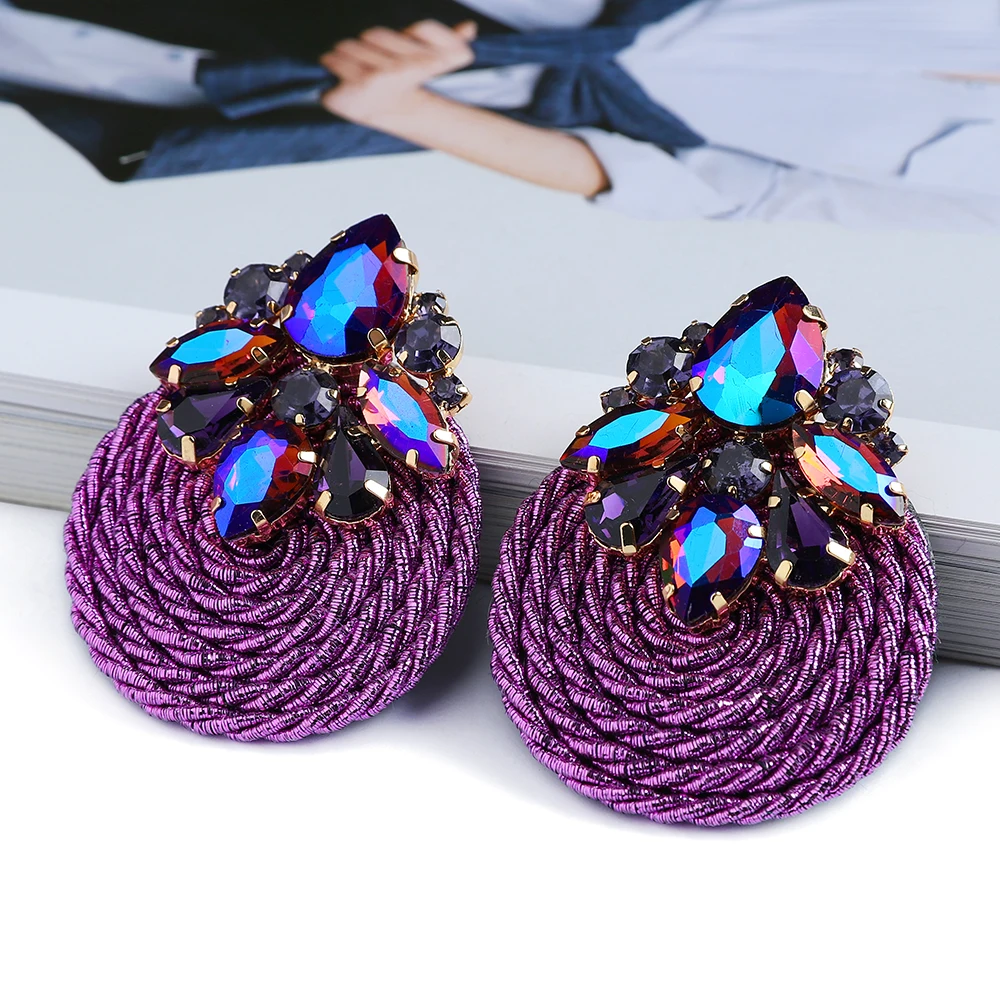 Fashion Ethnic Style Cotton Cord Weave Round Ear Accessories Vintage Sparkly Crystal Dangle Earrings For Women Luxury Jewelry