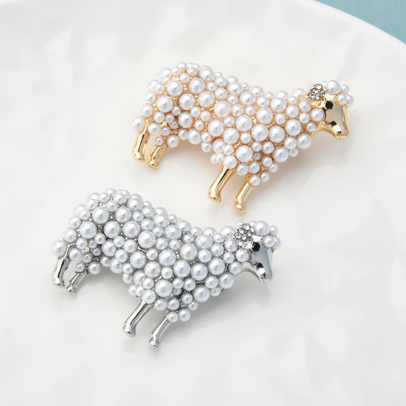 Wuli&baby 2-color Pearl Sheep Brooches For Women Unisex Lovely Animal Party Casual Brooch Pins Gifts