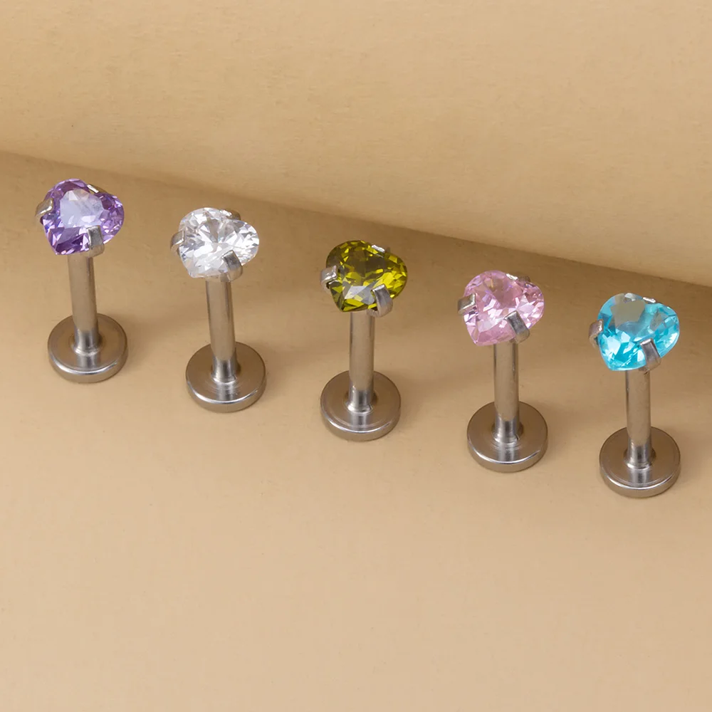 5PCS Star Heart Round Zircon Monroe Lip Rings Stud Women Surgical Steel Helix Tragus Earring Labret Studs Piercing Jewelry 16G