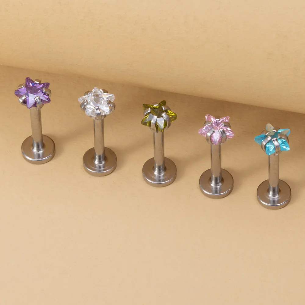 5PCS Star Heart Round Zircon Monroe Lip Rings Stud Women Surgical Steel Helix Tragus Earring Labret Studs Piercing Jewelry 16G