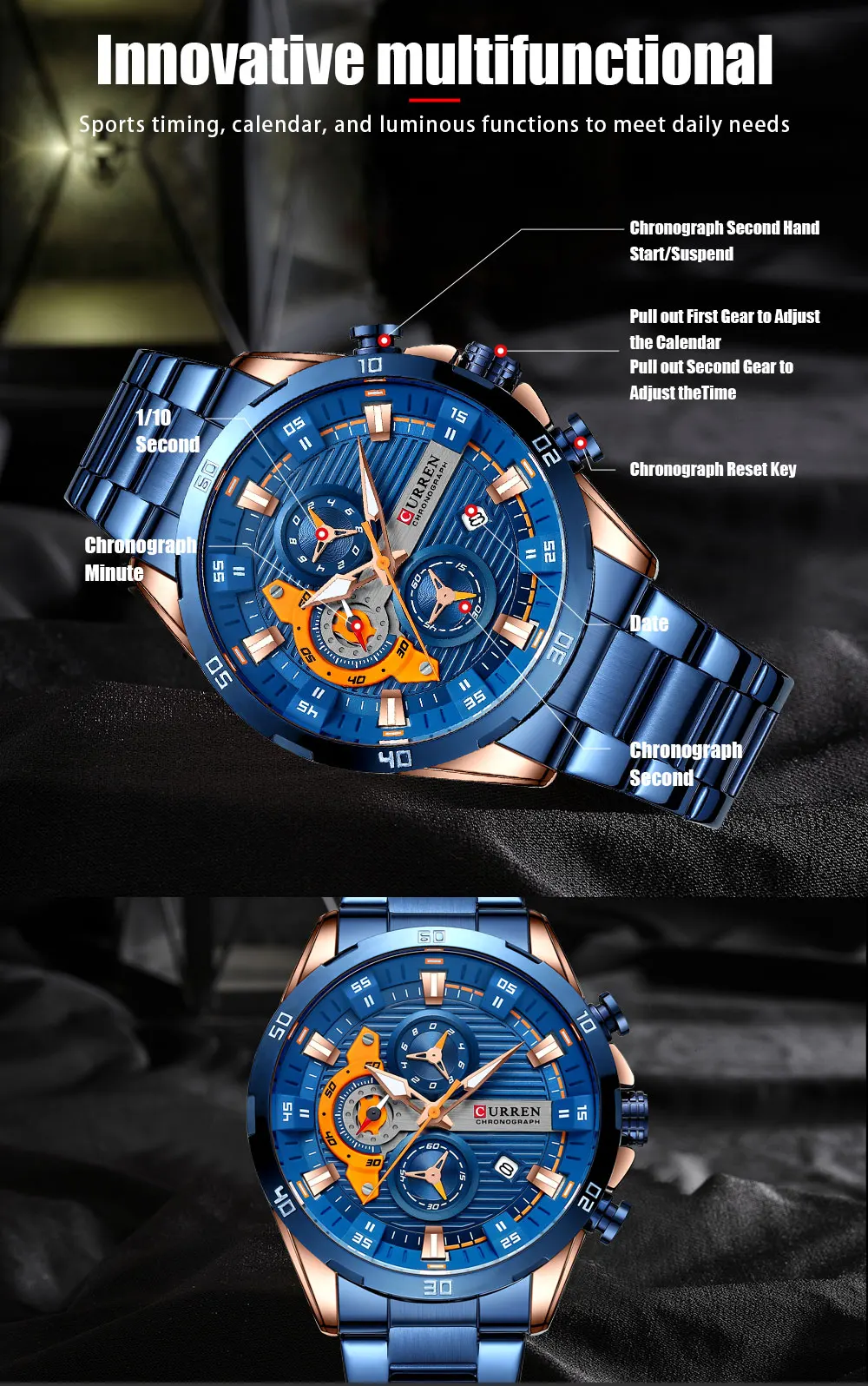 CURREN Men Watch Top Brand Luxury Sports Quartz Mens Watches Full Steel Waterproof Chronograph Wristwatch Men Relogio Masculino