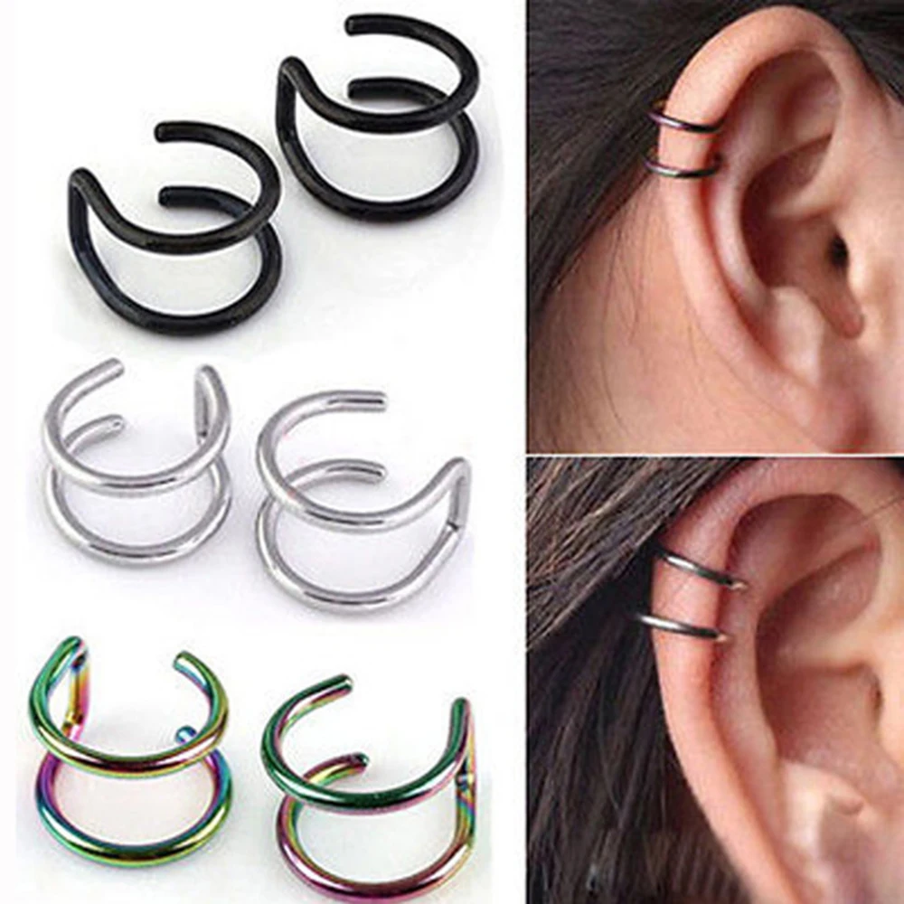 2PCS Punk Fake Peircings Stainless Steel Clip on Earrings Lip Ring Non Piercing Mouth Rings Body Jewelry For Women