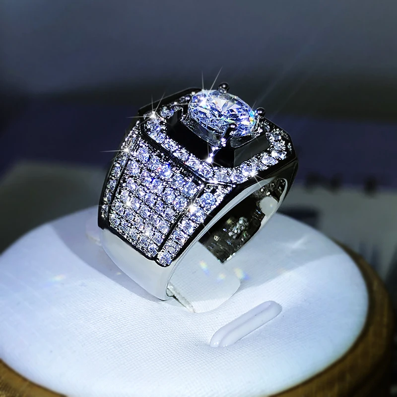 Luxury 925 Sterling Silver Men Couple AAA Crystal Zircon Stone Wedding Ring Brilliant Noble Engagement Engage Party Rings with 9