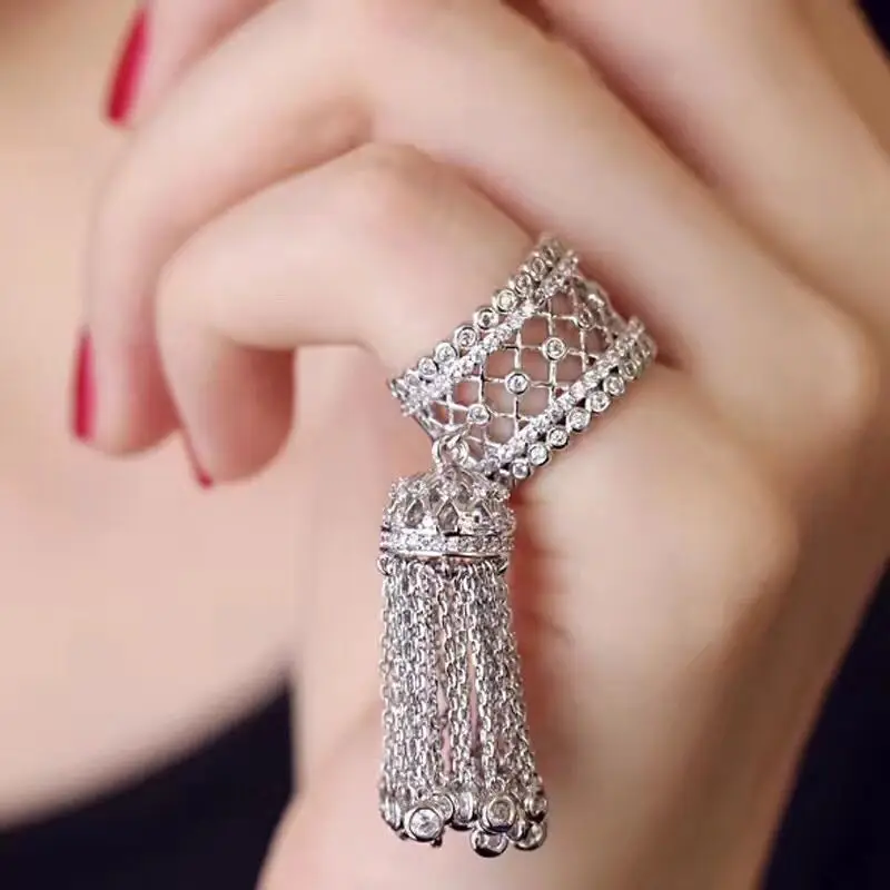 LXOEN Famous Brand Tassel Rings For Women Inlay Zirconia Adjustable Crown Ring Fashion bague