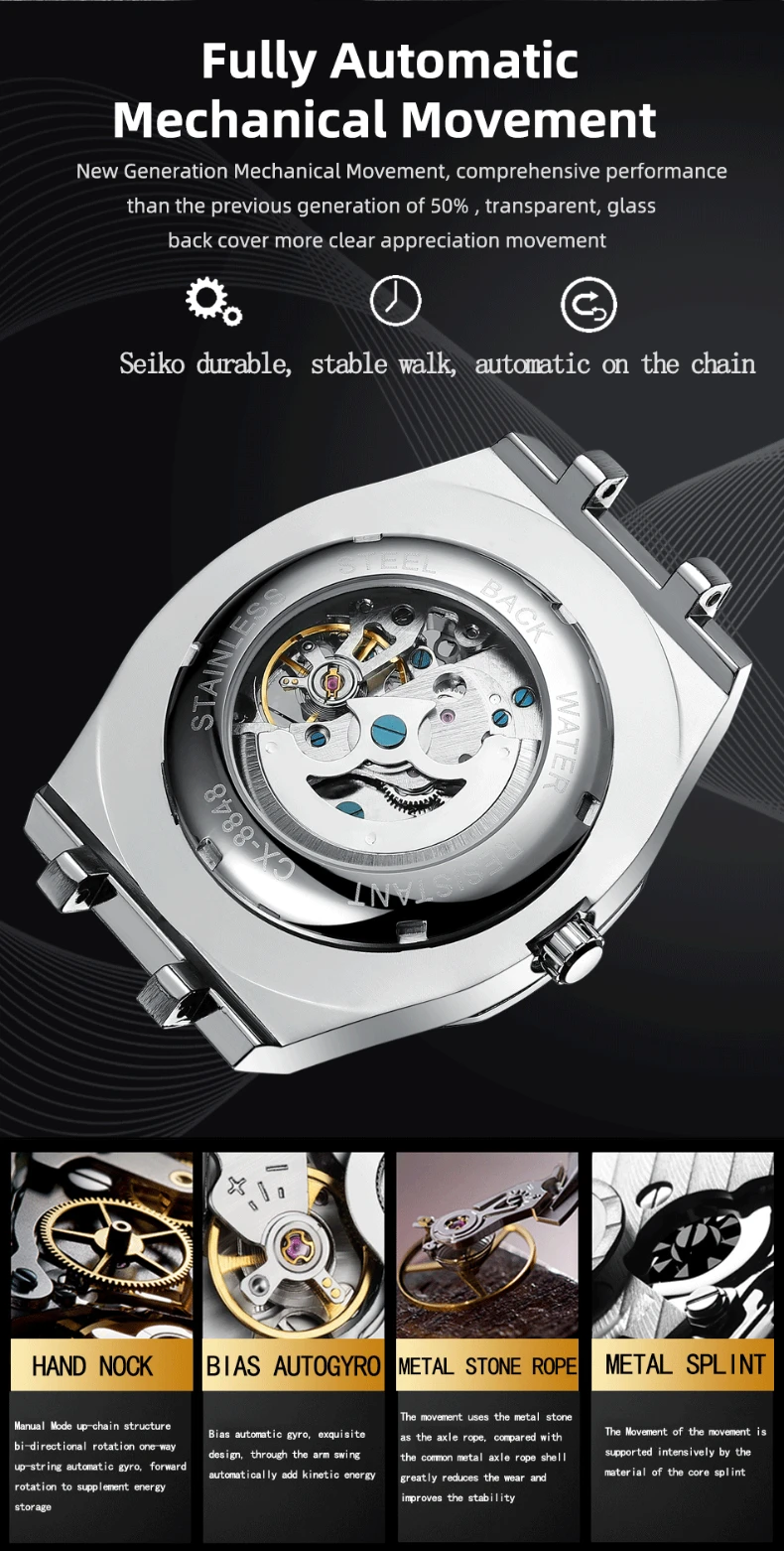 CHENXI Automatic Mens Watches Waterproof Business Stainless Steel Sport Mens Watches Top Brand Mechanical Tourbillon Wrist Watch