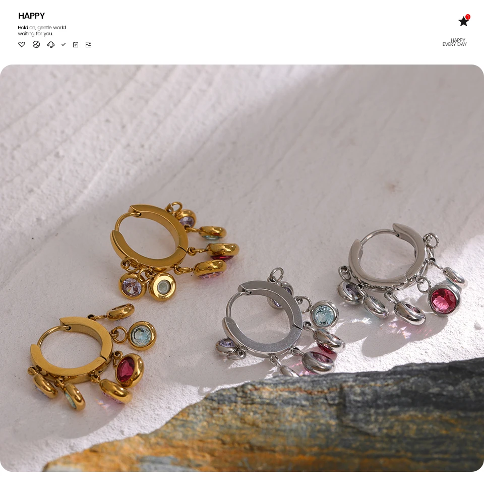 Yhpup Stainless Steel Colorful Cubic Zirconia Hoop Earrings for Women Exquisite Fashion Metal Texture Geometric Earrings Gift
