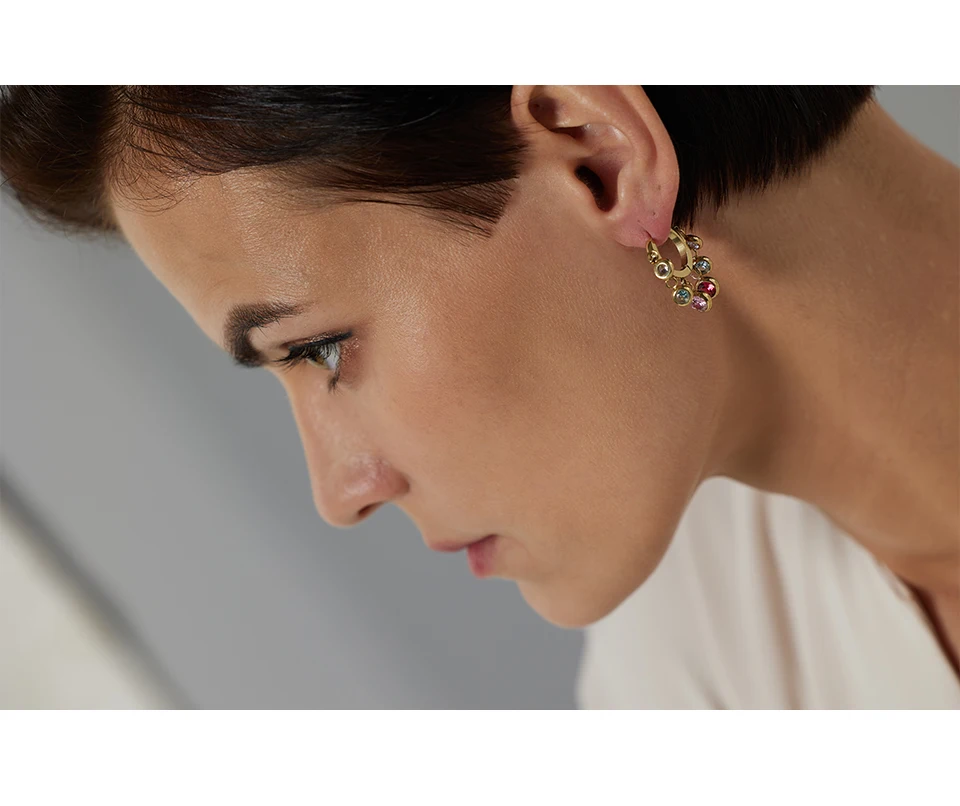 Yhpup Stainless Steel Colorful Cubic Zirconia Hoop Earrings for Women Exquisite Fashion Metal Texture Geometric Earrings Gift
