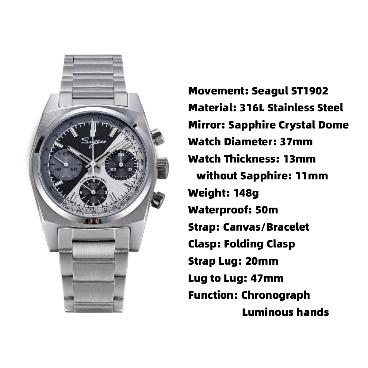 Sugess Chronograph Master Mens Watch 37mm ST1902 Swanneck Movement Mechanical Wristwatch Sapphire Crystal Waterproof S419-2 New