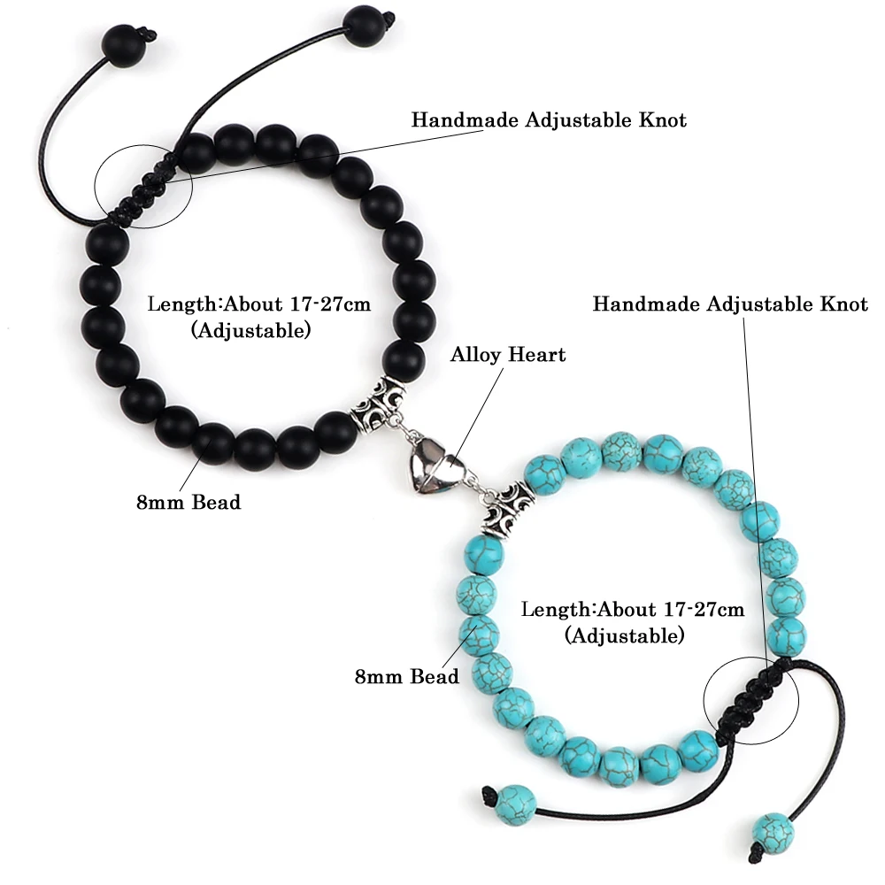 Hot Couple Distance Bracelets 2pcs/set Natural Stone Beads Braided Bracelet Lovers Heart Magnet Adjustable Bangle Friend Jewelry