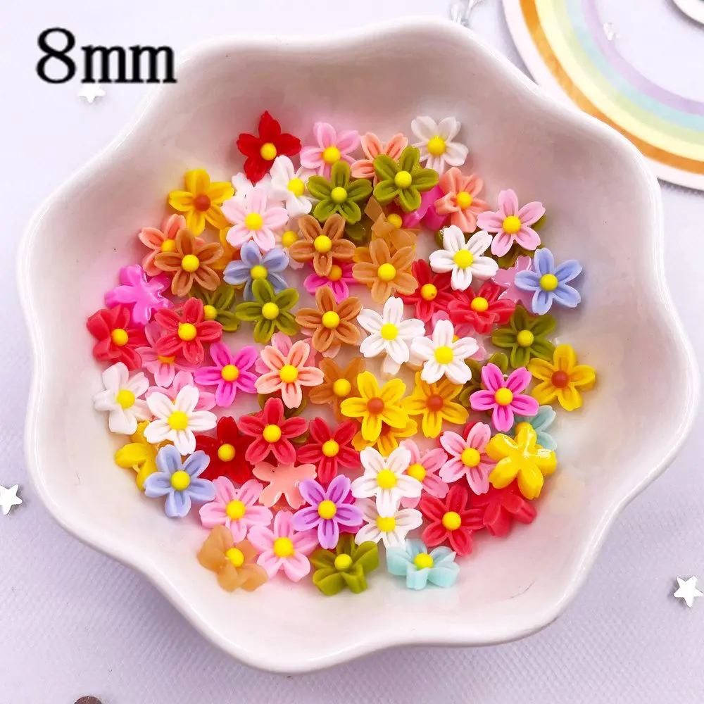 100Pcs 8mm Resin 3D Colorful Mini Flower Gems Flatback Figurines Scrapbook Wedding Applique  Nail Art Decor Crafts  OL560