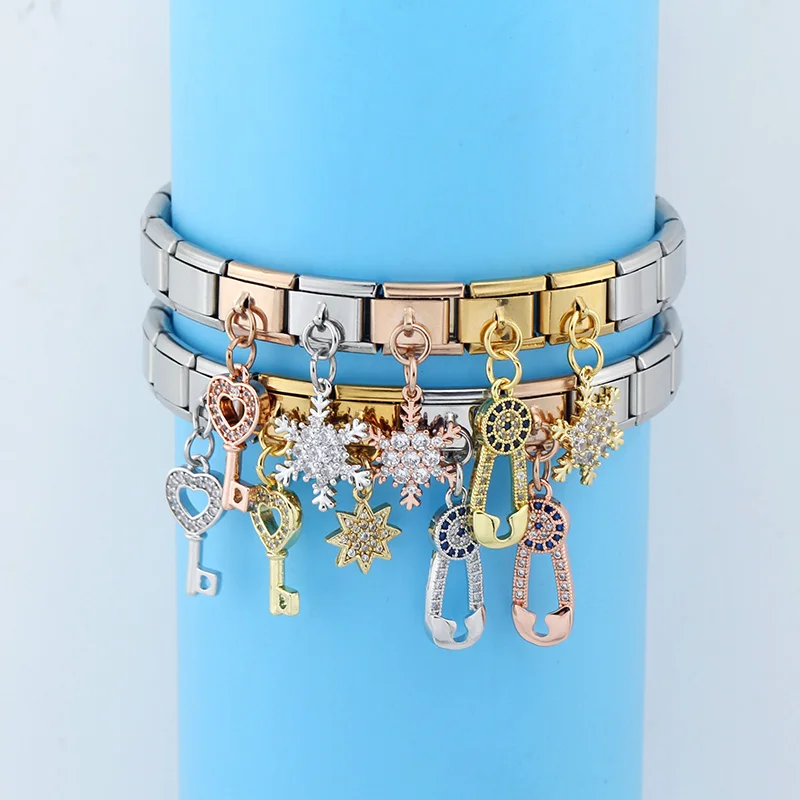 Hapiship Fashion Key Paper Clip Star Snowflake Shiny CZ Charm Links Fit 9mm Stainless Steel Bracelet DIY Making Jewelry DJ441
