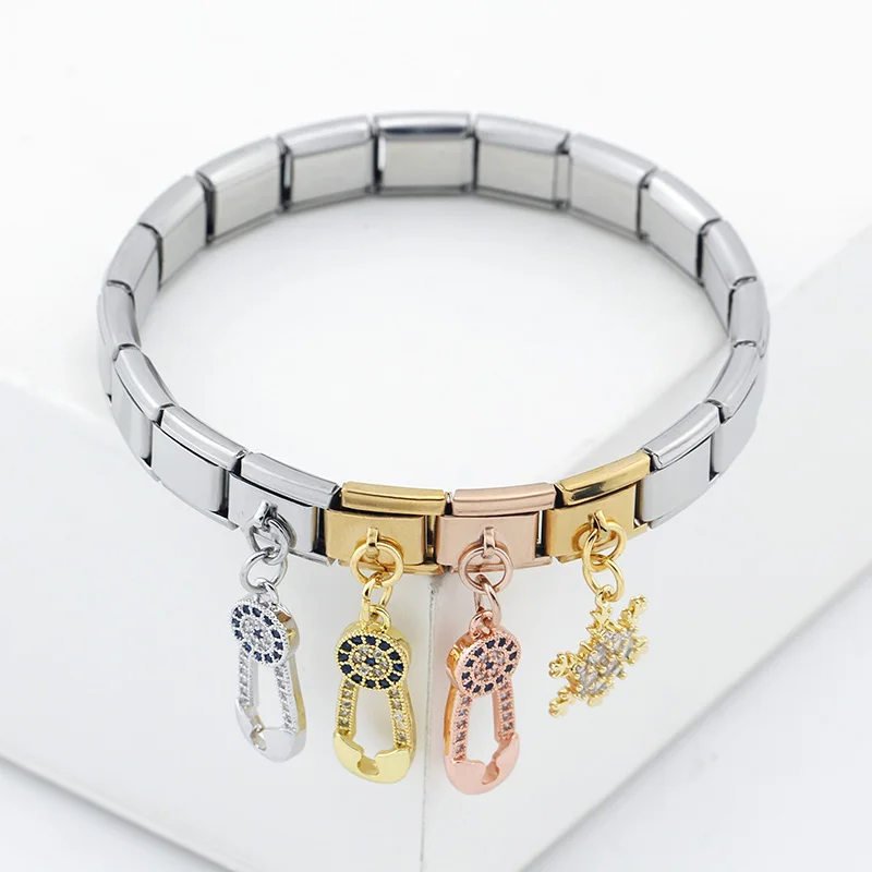 Hapiship Fashion Key Paper Clip Star Snowflake Shiny CZ Charm Links Fit 9mm Stainless Steel Bracelet DIY Making Jewelry DJ441