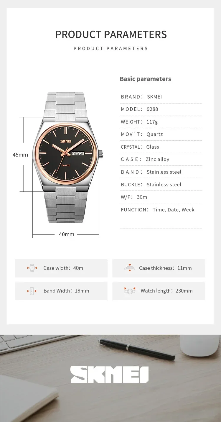 SKMEI 9288 Man reloj hombre Casual Quartz Clock Male Full Steel Time Week Sports Watch Mens Waterproof Business Wristwatches
