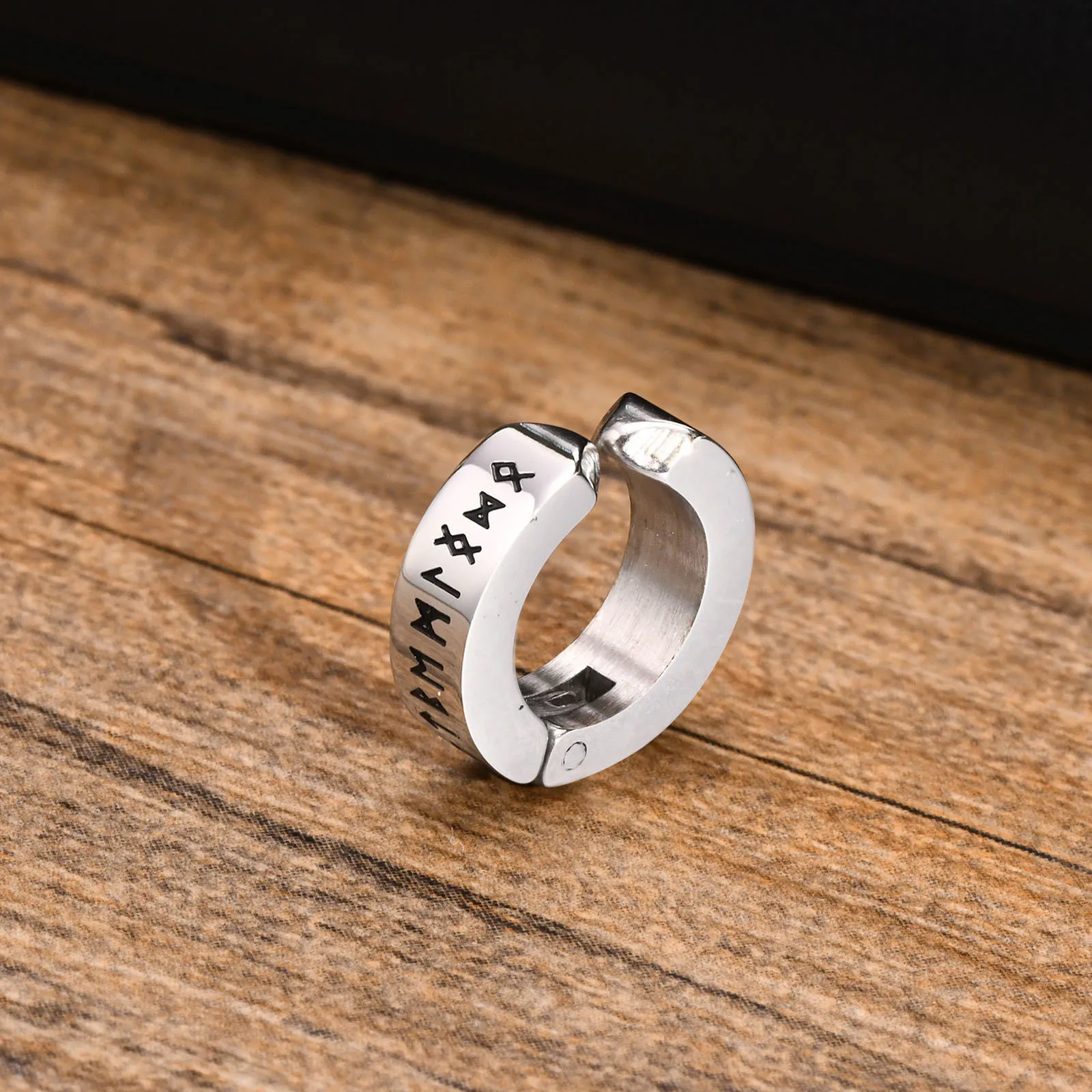 Mens Norse Viking Runes Ear Clips Earrings for Male Boys Gifts Jewelry, 13mm Stainless Steel Huggie Hoops No Peircing