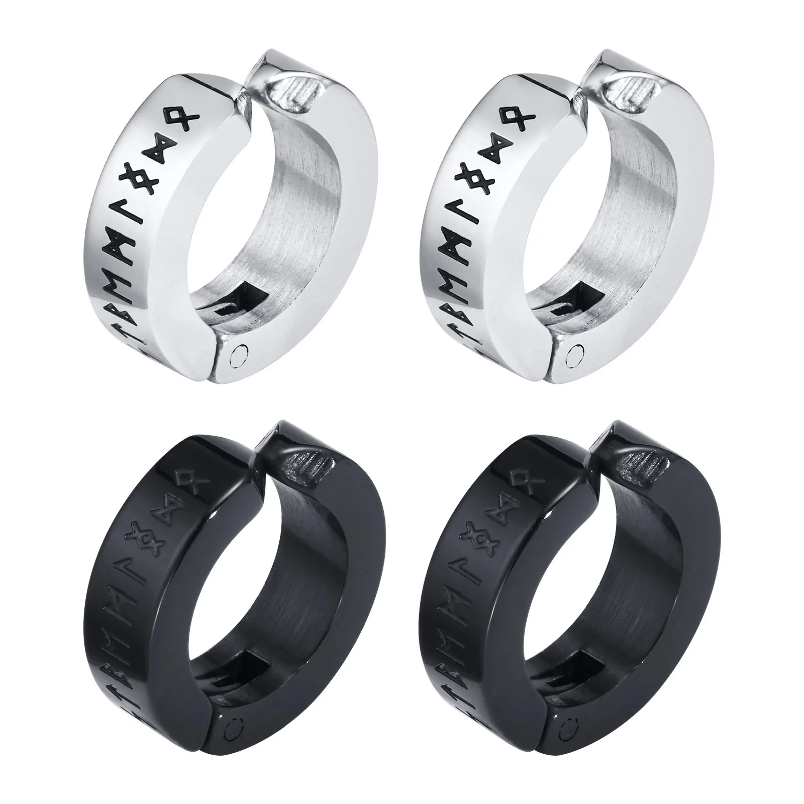 Mens Norse Viking Runes Ear Clips Earrings for Male Boys Gifts Jewelry, 13mm Stainless Steel Huggie Hoops No Peircing