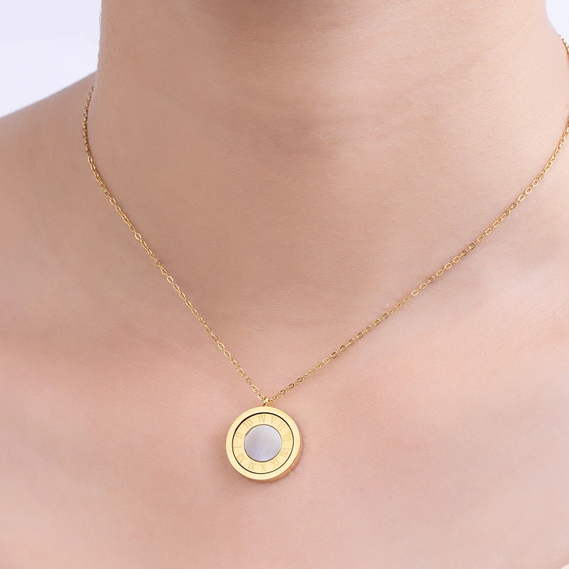 Black Acrylic And Shell Double Side Pendant Necklace Stainless Steel Roman Numeral Gold Color Jewelry For Women Holiday Gifts