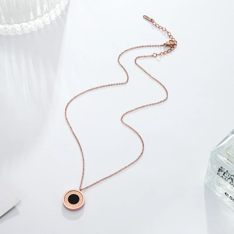 Black Acrylic And Shell Double Side Pendant Necklace Stainless Steel Roman Numeral Gold Color Jewelry For Women Holiday Gifts