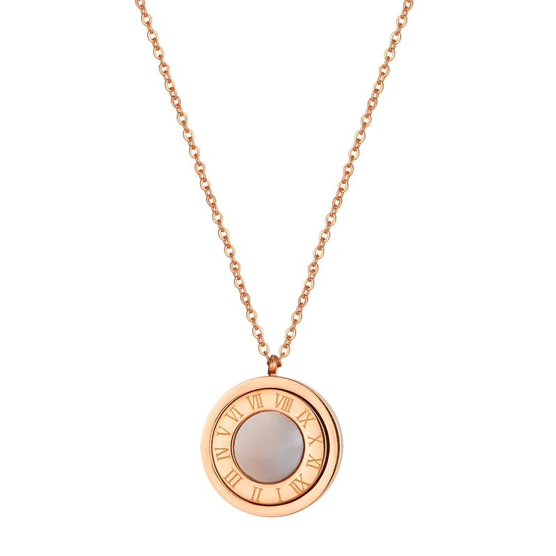 Black Acrylic And Shell Double Side Pendant Necklace Stainless Steel Roman Numeral Gold Color Jewelry For Women Holiday Gifts